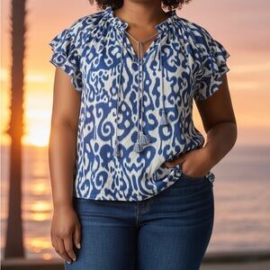 Rose + Olive Blue & White Printed Ruffle Sleeve Peasant Top Size 1X